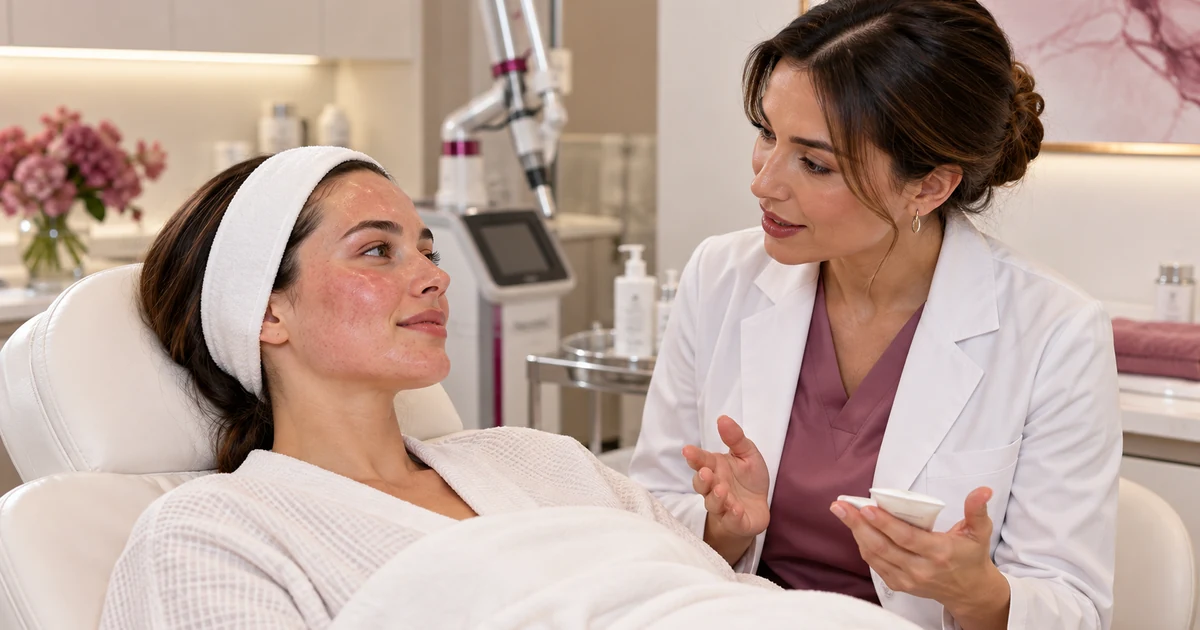 Illustrative photograph of a patient with mild redness discussing post-laser recovery with a clinician