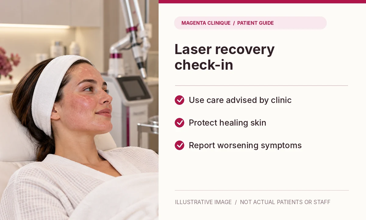 Photo-led fractional CO2 laser recovery reminders for gentle care, sun protection and symptom review