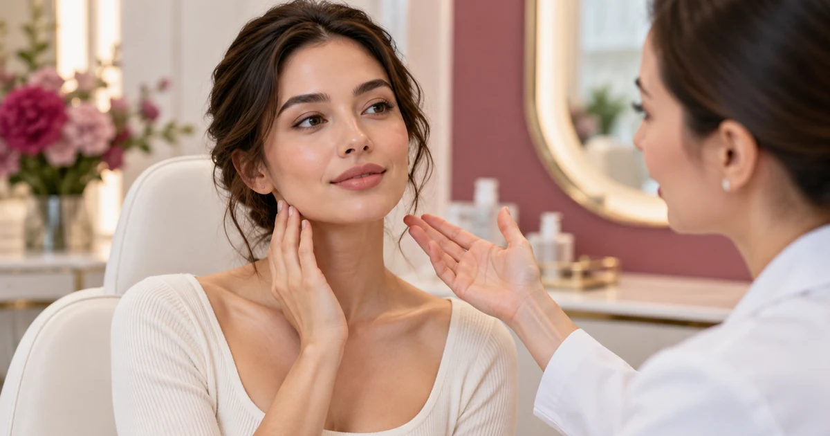 Illustrative photograph of a woman discussing her jawline with an aesthetic clinician