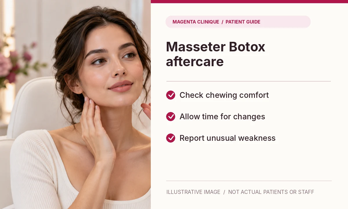 Photo-led aftercare checkpoints for masseter Botox, including chewing comfort and follow-up