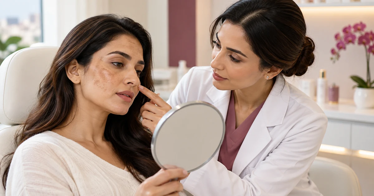 Illustrative photograph of a clinician examining facial dark marks during a dermatology consultation